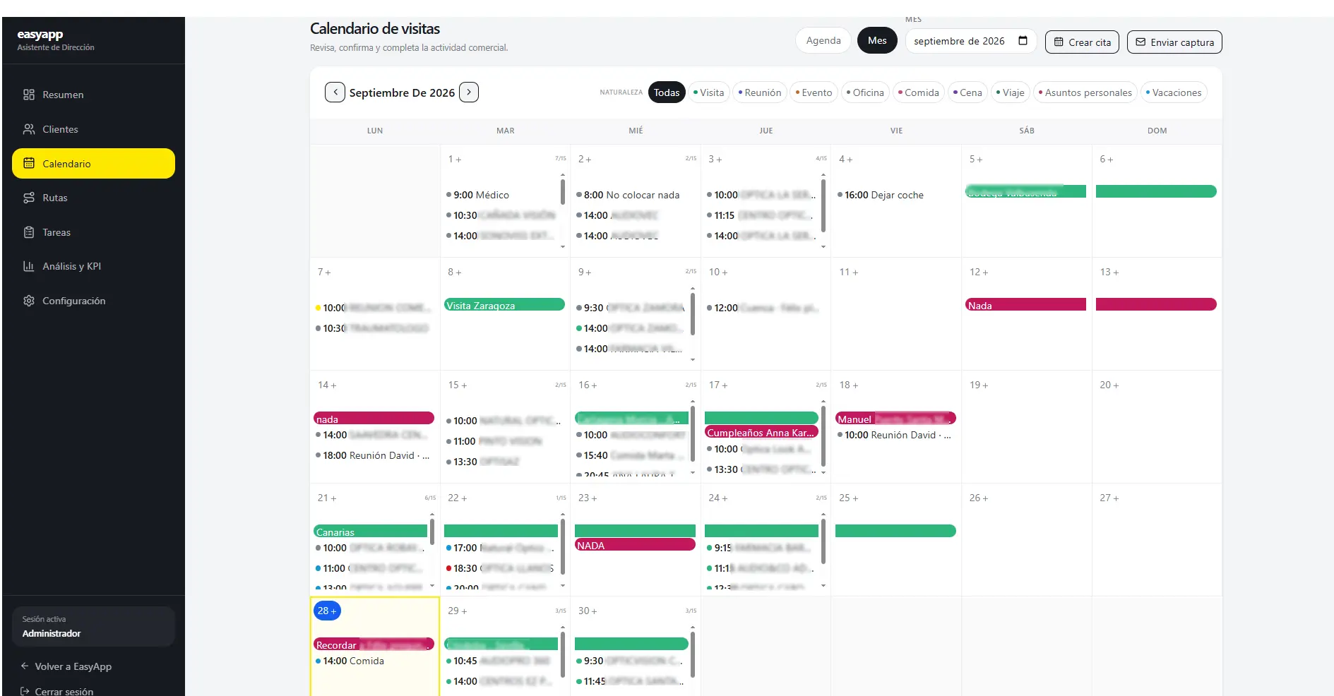 Agenda y calendario de visitas comerciales en ADC